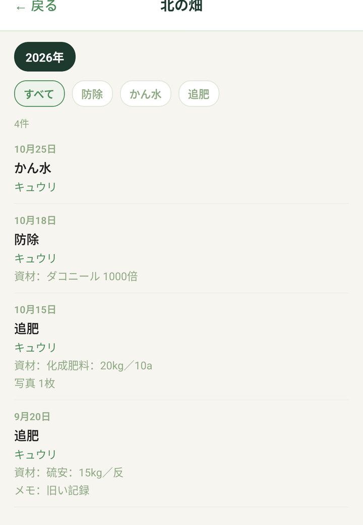 「すべて見る」の画面。年（2026年）と、作業種別（すべて・防除・かん水・追肥）のボタン、記録の一覧